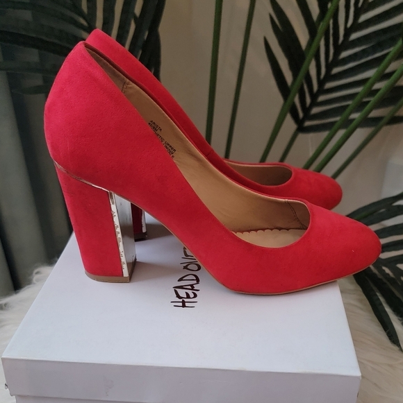 Candy Apple Red Suede Block Heels - Women's Size 9 - Picture 2 of 8